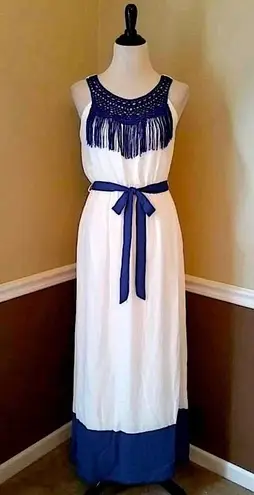 Pink Owl Modcloth White with Blue Fringe & Crochet Trim Halter Maxi Dress Boho