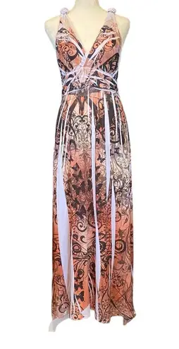 Chesley women's size medium maxi dress peach cream black tie back butterfly