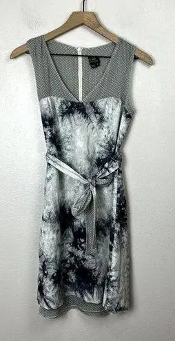 CoVelo Artsy Linen Blend Dress Womens Sz. 6 Layered Tie Die Waist Tie Gray White