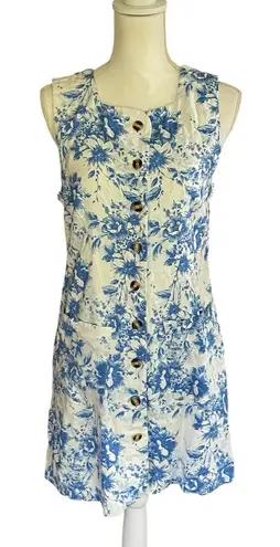 Olivaceous  Linen Blend Toile Floral Button Front Dress White Blue Front Pockets