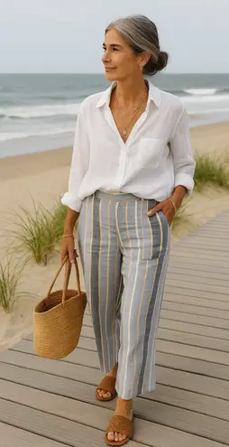 Natural Reflections Linen Blend Striped Wide Leg Pants Boho Cottagecore Coast L