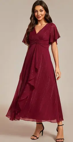 Ever Pretty Metallic Fabric V-Neck A-Line Wedding Guest Dress Ruffled Hem Large - Image 1