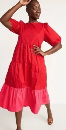 Old Navy NWT,  Red Colorblock Puff Short Sleeve Boho Cotton Midi Dress, Sz M