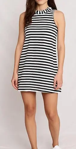 Marimekko Mock Neck Dress Black White Tasaraita Stripe Cotton Sleeveless Small