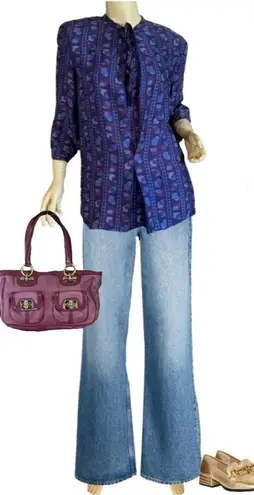 Halston Heritage VINTAGE 80'S HALSTON III BLUE AND BURGUNDY SILK BLOUSE (10)