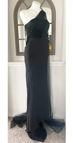 Hebeos Sheath Stretch Crepe Ruched One-Shoulder Sweep/Train Dress, Black