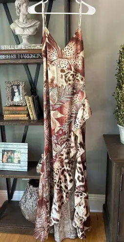 retrofete Raelynn Silk Maxi Dress Vintage Mixed Print Womens Size Medium Brown
