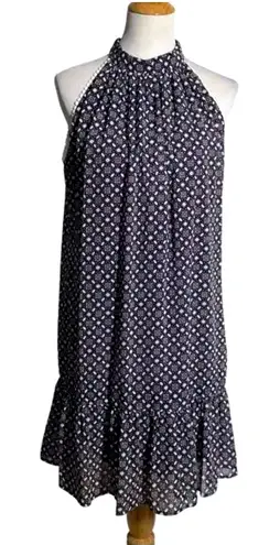 Leslie Fay Halter Geometric Babydoll Dress Women's 14 Navy Dainty Hippie Boho