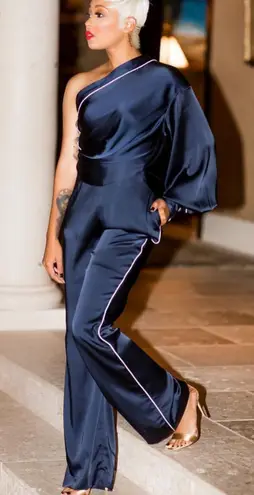 Jonathan Simkhai Navy Satin One Shoulder Jumpsuit Size 4 Formal Evening Party Blue