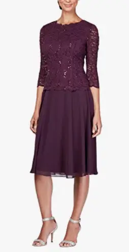 Alex Evenings Womens Size 12 Tea-Length Lace Mock Special Occasion Dress, Deep Plum, Reg $450.15