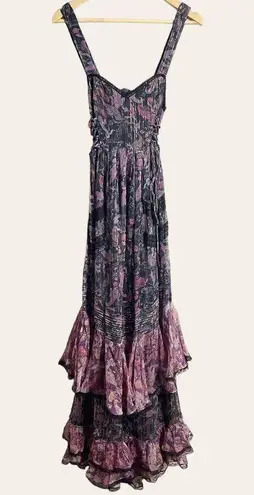 Rococo Sand Nott Sweetheart Tiered Metallic Purple Paisley Maxi Dress Size S