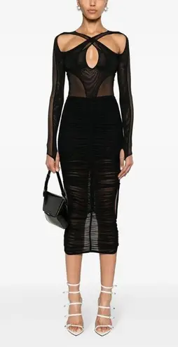 Mugler Mesh Bodycon Skirt in Black 34 New Cutout Midi Draped womens Size undefined