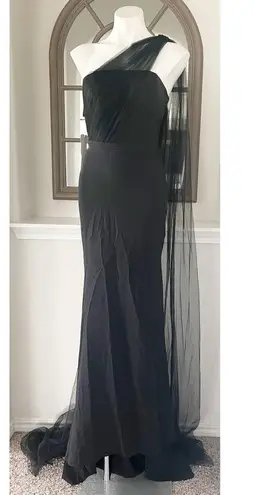 Hebeos Sheath Stretch Crepe Ruched One-Shoulder Sweep/Train Dress, Black