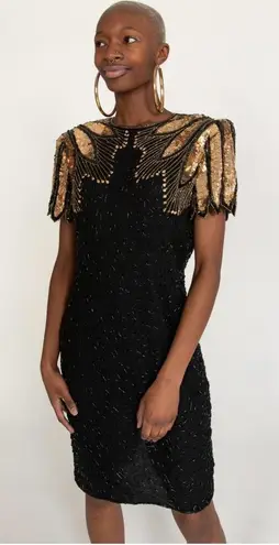 Black Beaded & Sequined Short Sleeve Evening Dress Black Tie Vintage Paris S