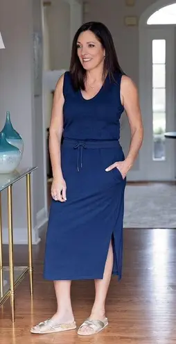 Evereve Elastic Waistband Drawstring Navy Blue Midi Dress size medium