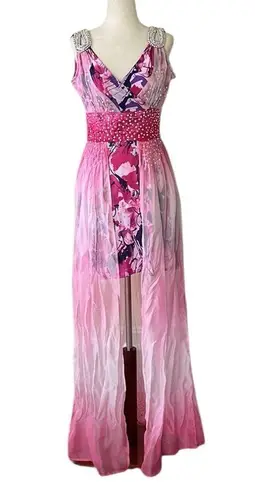 Stunning boutique mini dress with sheer maxi overlay Pink