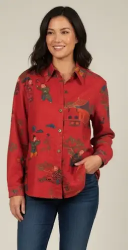 CHICO'S Red Faux Suede Chinese Scene Long Sleeve Blouse Jacket Sz 1 or Small