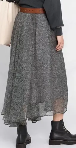Brunello Cucinelli Paisley Print Silk Midi Skirt Grey Asymmetrical Chiffon