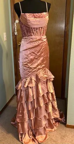 NWOT pink satin mermaid prom dress strapless corset lace up back front slit 4