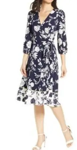 Eliza J  Floral Print Faux Wrap V-Neck Waist Tie Dress Blue White Size 4 NWT