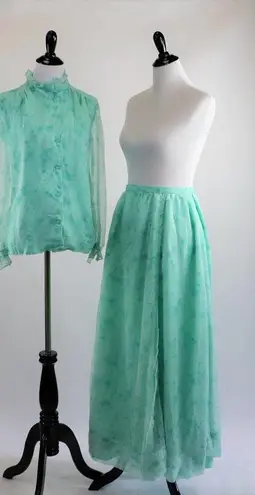 Vintage 70s Seafoam Chiffon Floral Print Blouse and Skirt 2 Piece Set Large