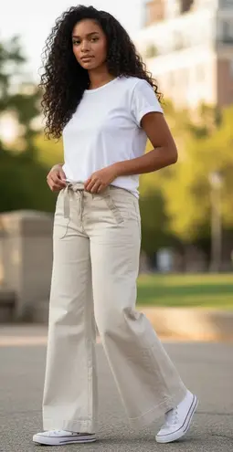 American Eagle Womens Baggy Flare Pants Low Rise Cream Stretch Belted Utility 10 Tan