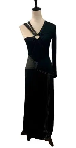 YIGAL AZROUËL COATED JERSEY MESH LEATHER COMBO CUTOUT MAXI GOWN SIZE US 0 Black