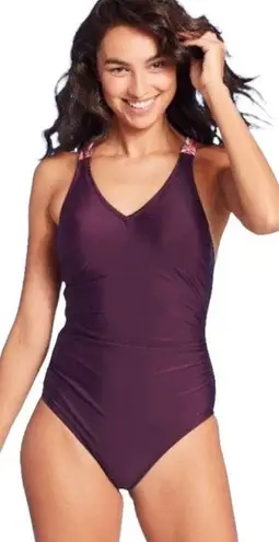 Kona Sol NWOT Dark Purple Crisscross Tri-Color Strap Strappy One Piece Swimsuit New