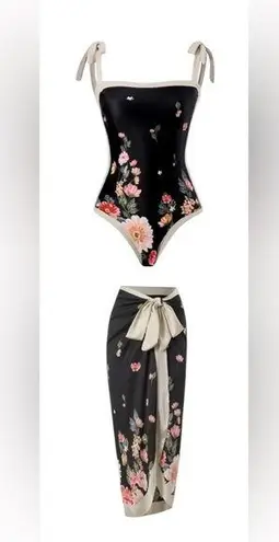 NWT Black Floral Print Swimsuit Set With Adjustable Ties & Reversible XL
