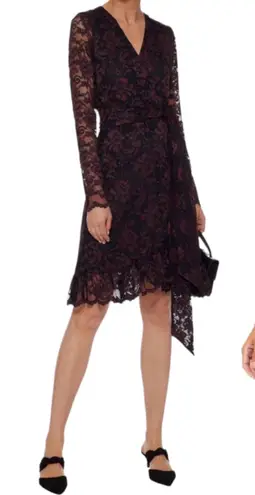 Ganni Flynn Lace Ruffle Wrap Dress Burgundy Black Size 2