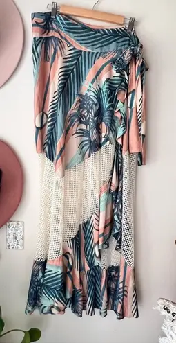 PATBO Pua Ruffled Mesh Panel Wrap Skirt SIZE LARGE swim coverup tropical
