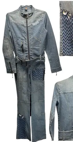 Akademiks AKDMKS Y2K Denim Patchwork Graffiti Coveralls Jumpsuit Flightsuit HipHop Belted
