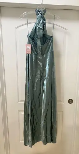 Birdy Grey Monica Halter Satin Dress Womens XS Sea Glass Green Maxi Formal Gown