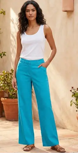 Pendleton Linen Blend Wide Leg Pants Womens 10 Teal Blue Lightweight Boho Casual