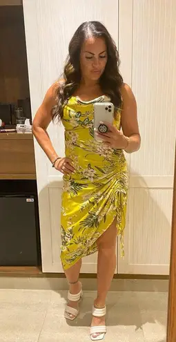 Mable Asymmetrical Yellow Floral Midi Dress Cinch Slit Cowl Neck Tropical Small