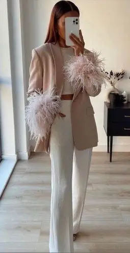 ZARA STRAIGHT BLAZER WITH FEATHERS JACKET BEIGE PINK. Size medium