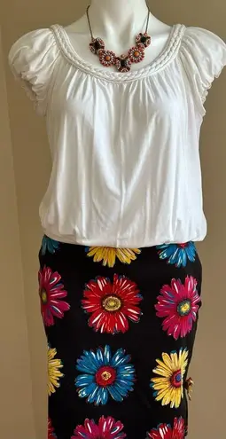 City Silk Midi Black W Red Pink Blue Yellow Sun Flowers SZ 6 Damage Last…