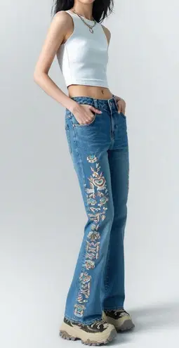 Y2K Vintage Embellished Embroidered Beaded Flare Jeans Low Rise 2000s Fairy Boho Blue Size 27