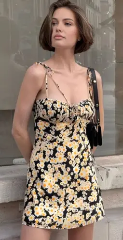 Commense Women's Daisy Printed Floral Short Dress Sz XS Black Yellow Summer NWT