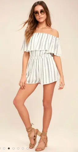 Lulus Lulu’s See Ya There White Print Off-the-Shoulder Romper