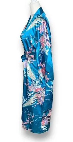 Jugeumm Robe Blue Pink Satin Floral Peacock Print Japanese Kimono Dressing Gown