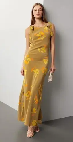 Soleil Soleil Ines Floral Print Tie Strap Golden Silk Maxi Dress Size 6 Yellow