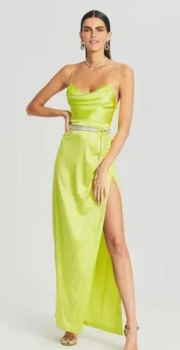 Retrofête Retrofete NEW Marlene Silk Cowl Neck Side Slit Maxi Dress Neon Yellow