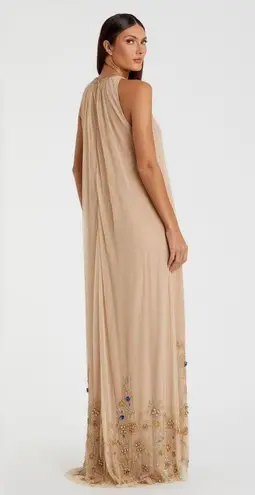 Mac Duggal 9232 High Neck Jewel Hem Embellished Trapeze Nude Gold Gown, Size 14