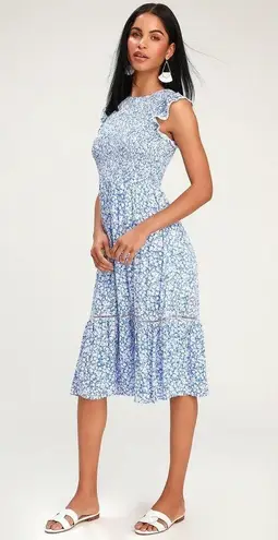 Lost + Wander Blue Floral Print Smocked Ruffle Short Sleeve Midi Dress Size XS