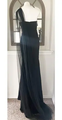 Hebeos Sheath Stretch Crepe Ruched One-Shoulder Sweep/Train Dress, Black