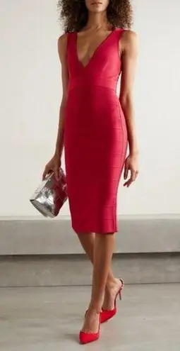 Herve Leger ππ Icon Deep V-Neck Midi Bandage Dress ~ Lipstick Red Medium - Image 1