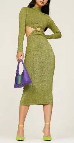 Torn By Ronny Kobo Ronny Kobo Chryssa Stretchy Cut Outs Midi Dress Mock Neck Metallic Green Gold XL
