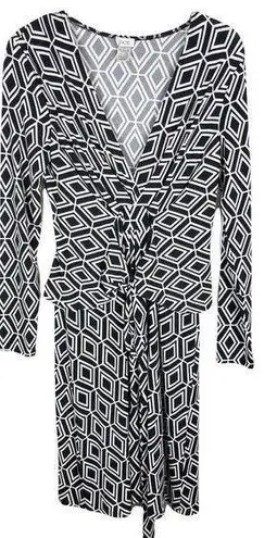 Cache  Small Dress Black White Diamond Print Knee Length Belted Long Sleeve 207