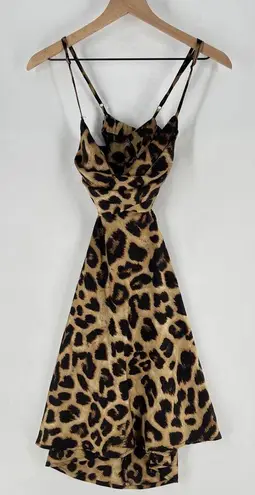 Mable Leopard Print Padded Bust Cowl Neck Open Back Satin Mini Dress Mob Wife Tan Size M